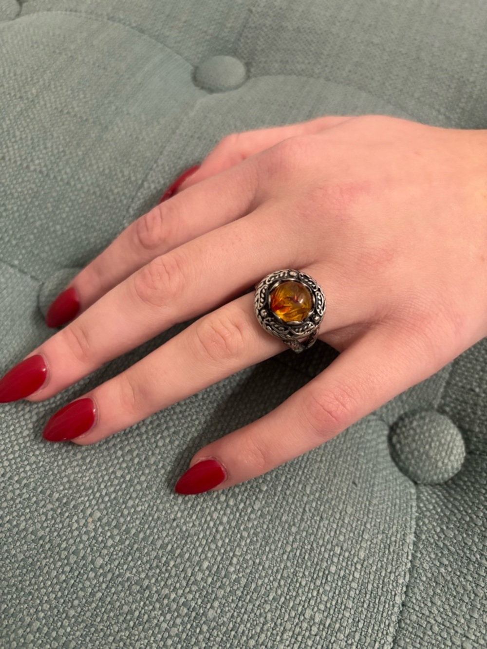 Sterling Silver Amber Glass Statement Ring - Orange Gem